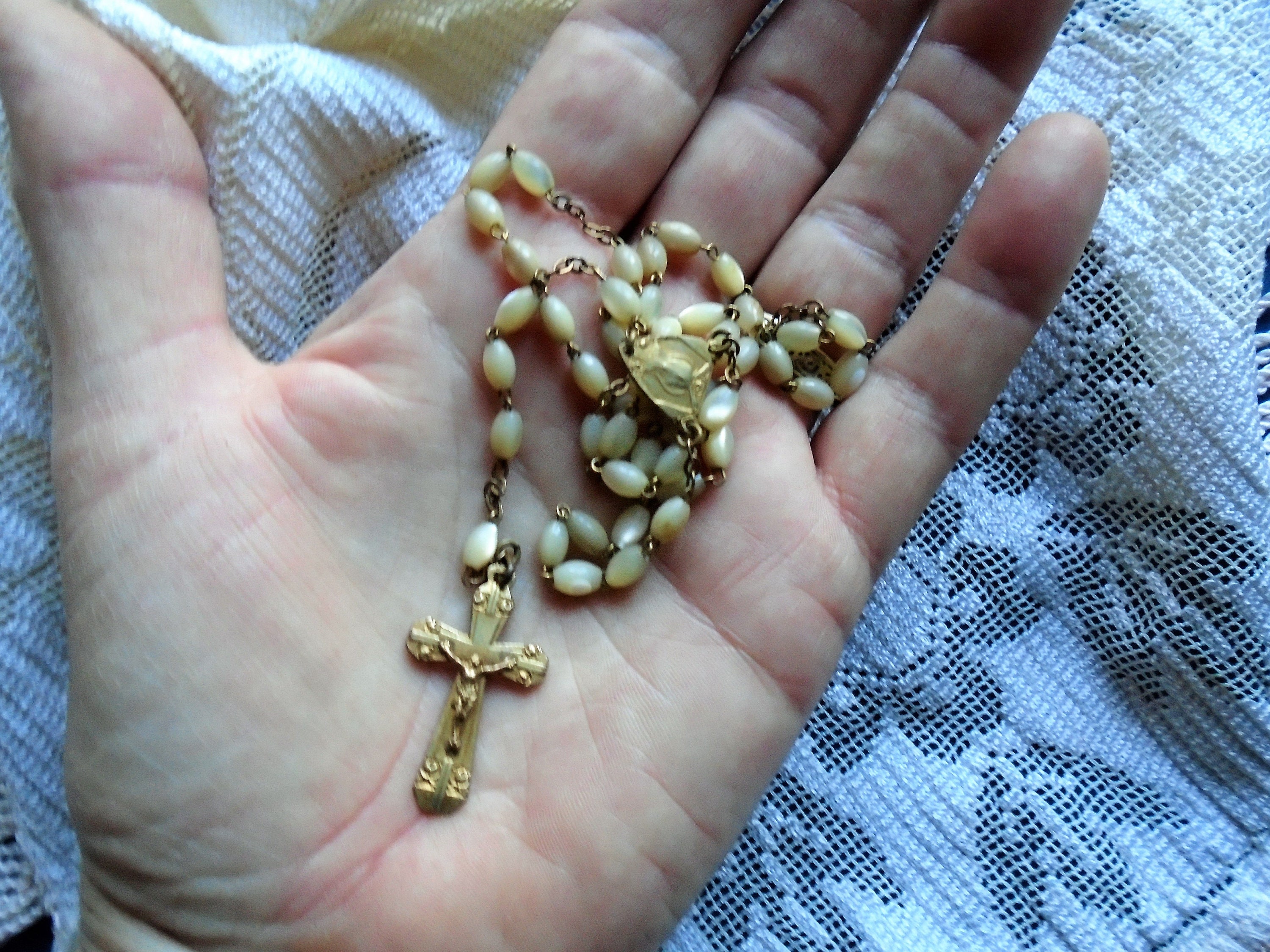 Vintage Rosary with Faux Pearls Original Black Leather Case