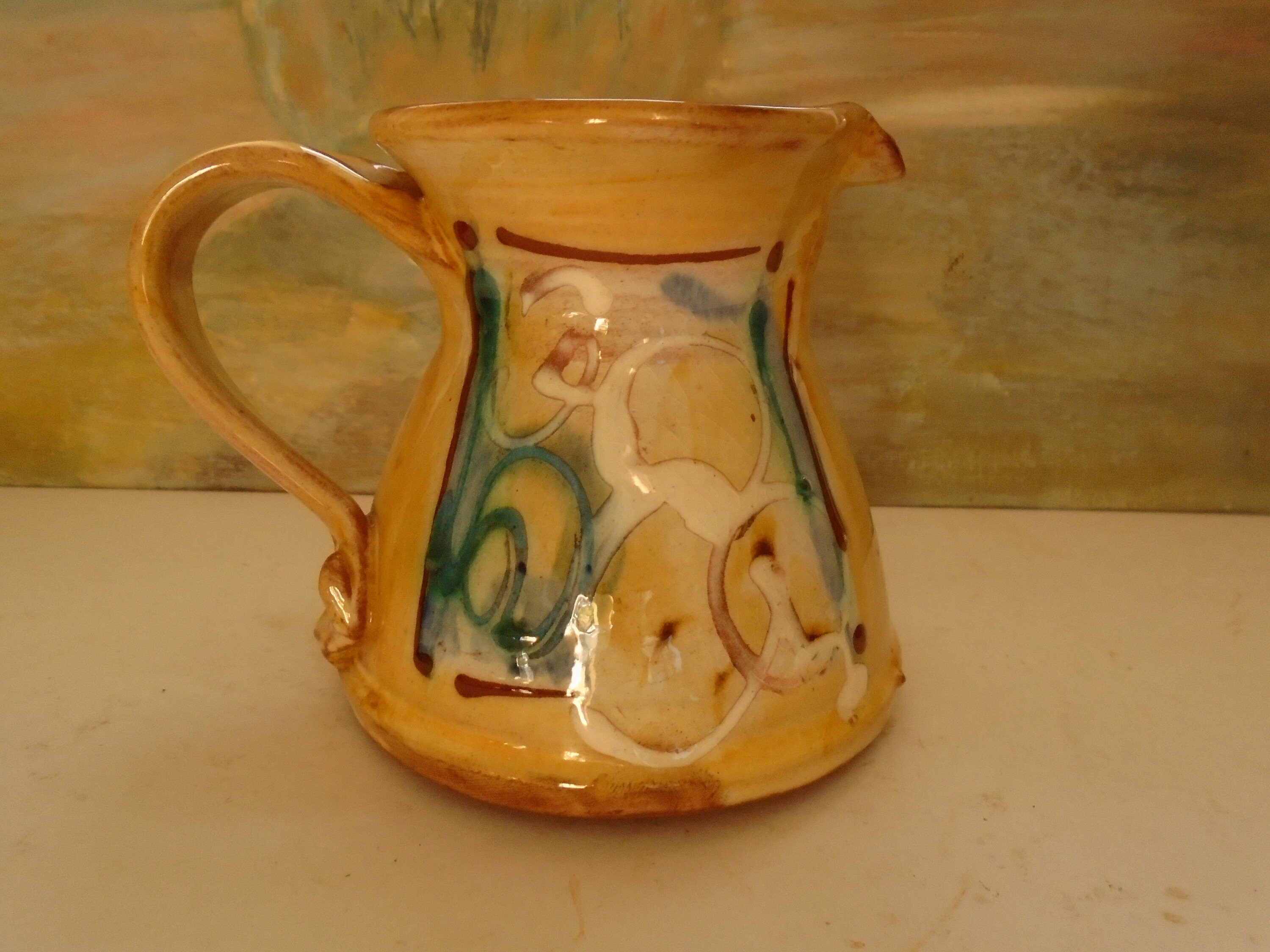 Crème Vintage en Terre Cuite Faite à La Main/Pot Lait Or Ocre et Bleu, Design Abstrait