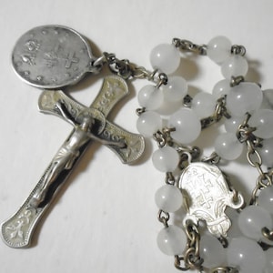 Antique French White Opaline Glass and Silver Rosary, Antique Chapelet