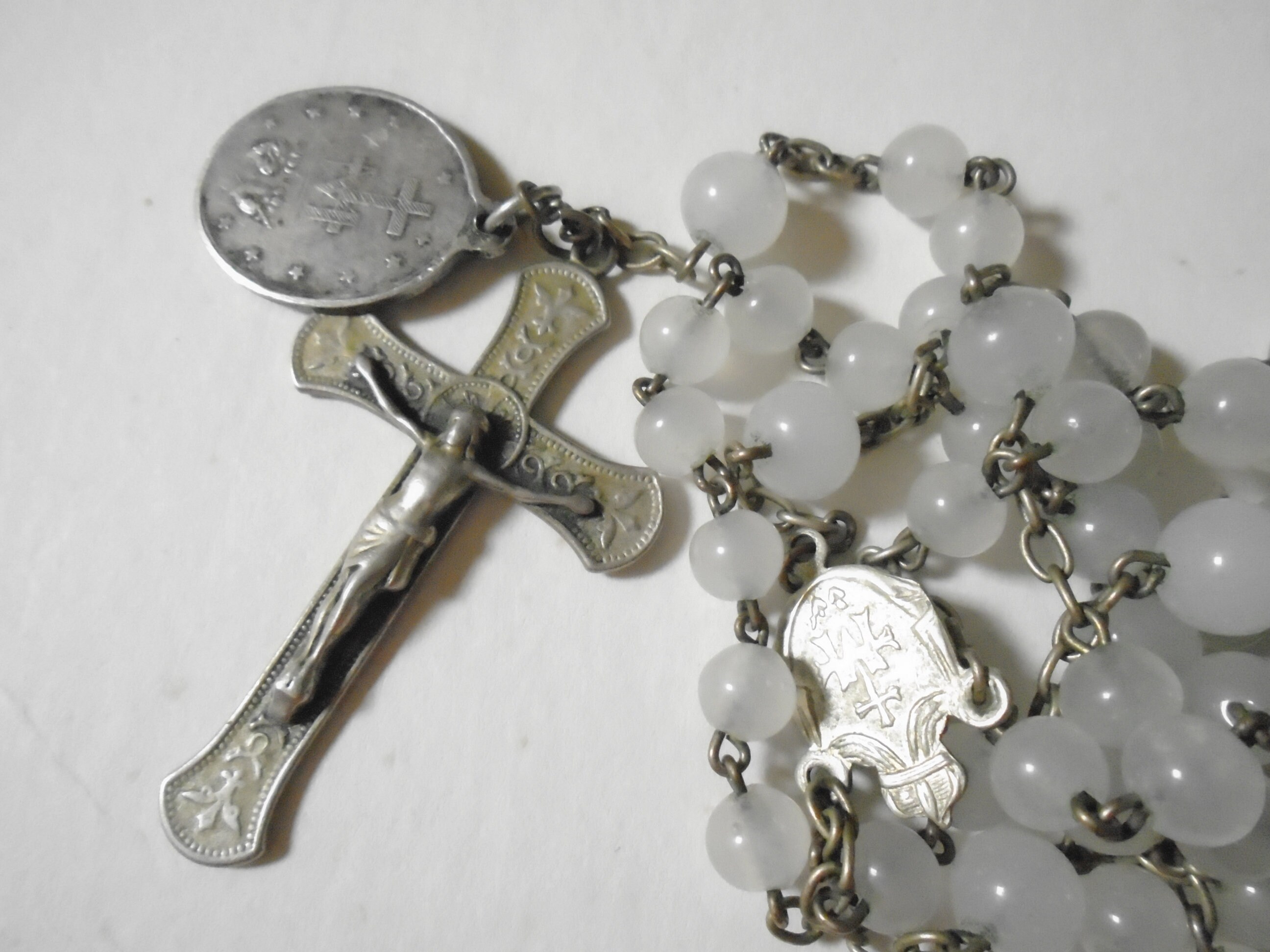 Antique French White Opaline Glass and Silver Rosary, Antique Chapelet