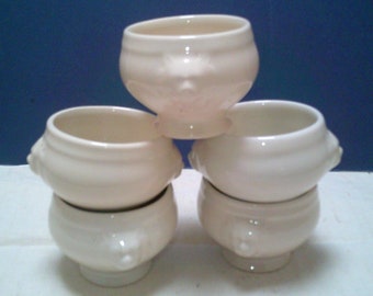 Five Vintage White Mini Tureens, Sauce Pots, Compote / Butter, Honey or Jam Pots / Lion Head Handles