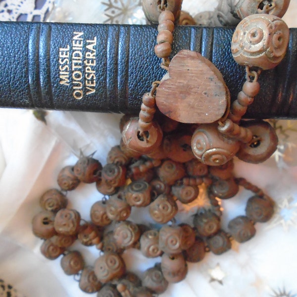 Antique French Lourdes Altar or Wall Rosary, 5 Decade, Large Carved Wood Beads, 1900s