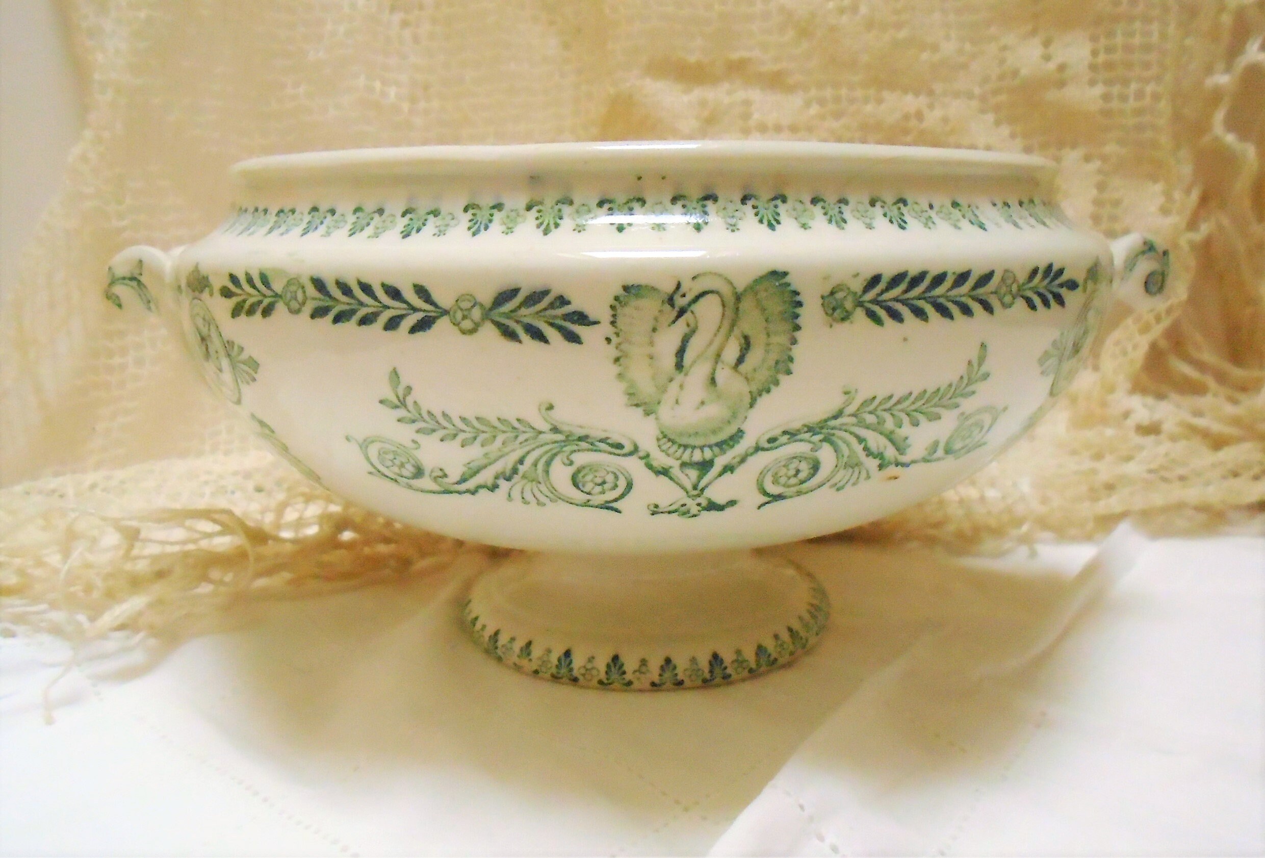 Rare Antique Français Ironstone Soupiere By Kg Lunéville Compiègne Décor Cygnes, Cygne Décoré Sarcel