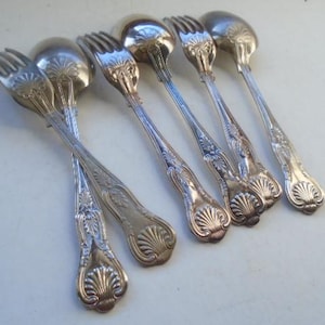 6 Antique Kings Pattern Heavy Silver-Plated Serving Spoons and Forks, Art Nouveau, A1 EPNS Collectible Flatware, Sheffield, England