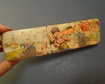 Antique French Wood Pencil Case: Push Button Plumier, Rural Scene, 1900s
