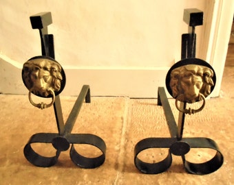 Vintage French Black Wrought Iron Andirons or Firedogs With Adjustable Height Lion Head Spit Roast Ratchet