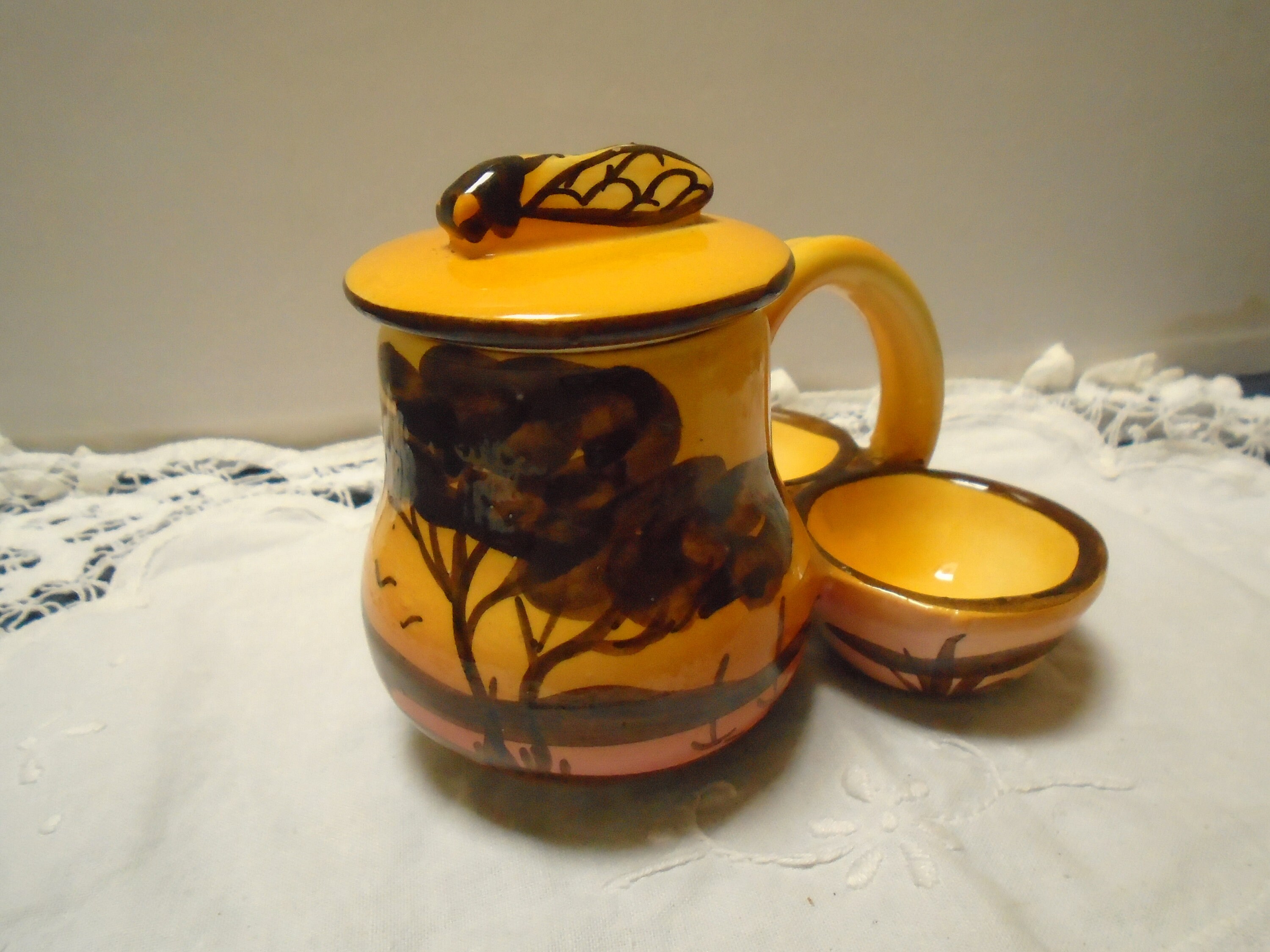 Plat de Poivre et Moutarde en Céramique Français Vintage Vallauris avec Couvercle Cigale Ensemble Co