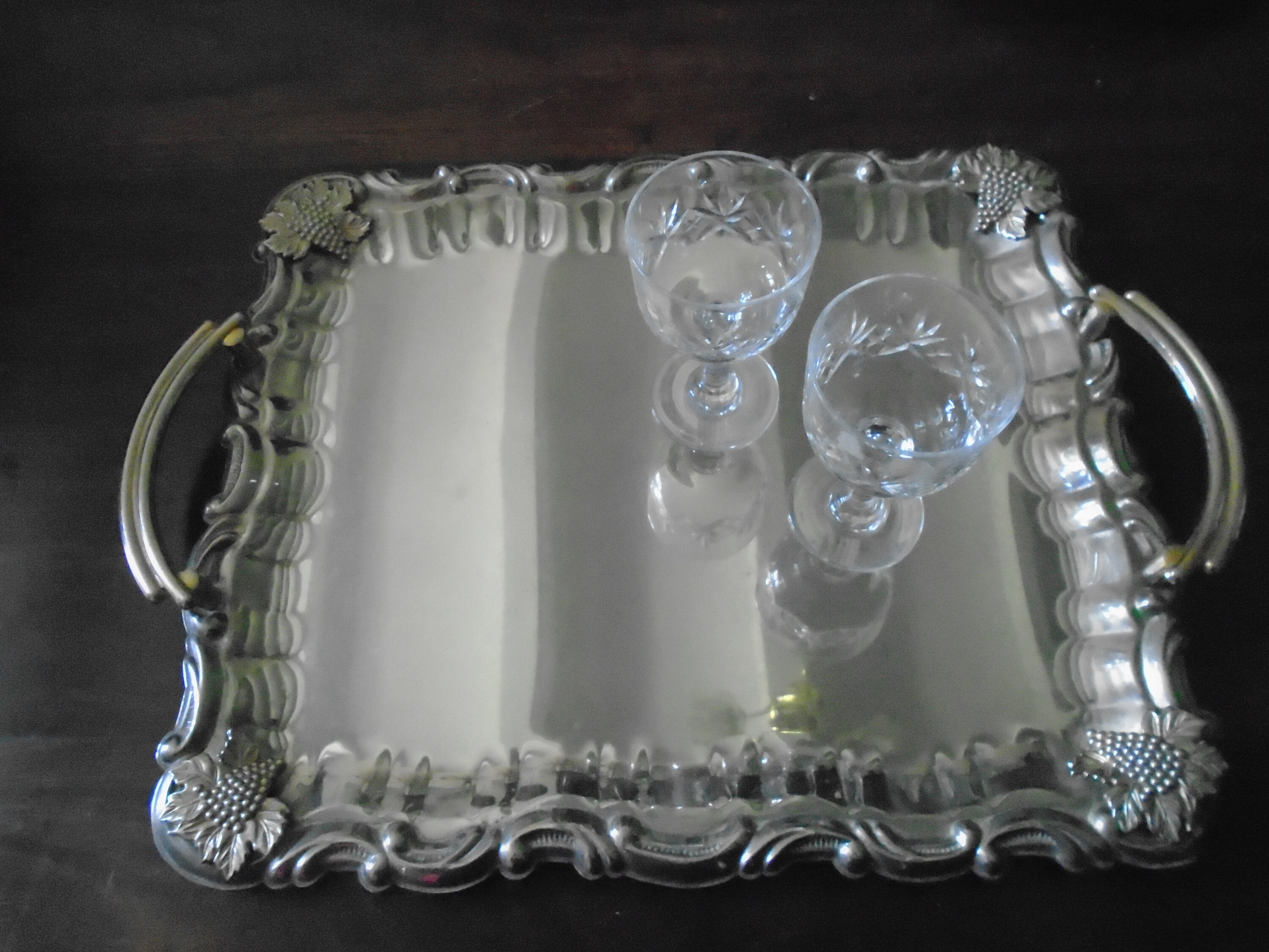 Plateau Vintage Français Silver avec Décoration de Raisin