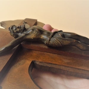 Large Antique French Wood Wall Crucifix with Bronze Corpus of Christ 14.5 x 8 Inches