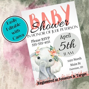 Digital Cute Elephant Baby Shower Invitation, Editable invite with Canva Animal Woodland, Immediate download Instant Printable 5x7
