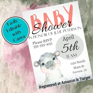 Digital Cute Hippo Hippopotamus Baby Shower Invitation, Editable invite with Canva Animal Woodland, Immediate download Instant Printable 5x7