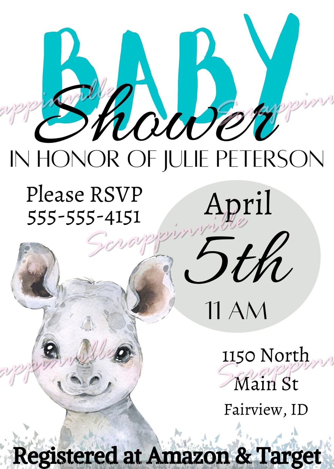 Digital Cute Rhino Baby Shower Invitation, Editable Invite With Canva