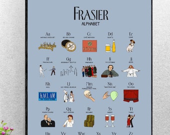 Frasier Alphabet Poster Dark Blue - 11x17 inches - A3 - instant download - frasier tv show frasier crane niles crane Seattle