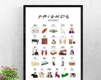 May include: A colorful alphabet poster featuring characters and scenes from the popular TV show "Friends". Each letter is represented by a different iconic moment or object from the show, such as the Central Perk coffee shop, the iconic orange couch, and the "Pivot!" scene.