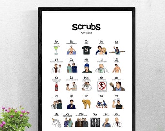 Art mural imprimable | Scrubs Alphabet Digital Poster - Téléchargement numérique - A3 - 11x17 pouces - Zach Braff JD et Turk Donald faison