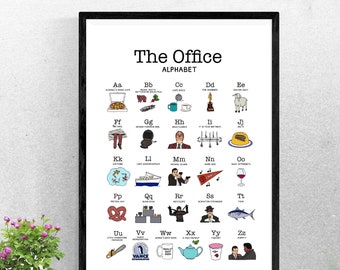 May include: A black and white illustrated alphabet poster featuring characters and scenes from the TV show "The Office". Each letter is paired with a corresponding image, such as "Aa" for "Alfredo's Pizza Cafe" and "Bb" for "Bears. Beets. Battlestar Galactica."