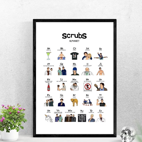 Druckbare Wandkunst | Scrubs Alphabet digitales Poster - digitaler Download - A3 - 11x17 Zoll - Zach braff jd und Turk Donald faison