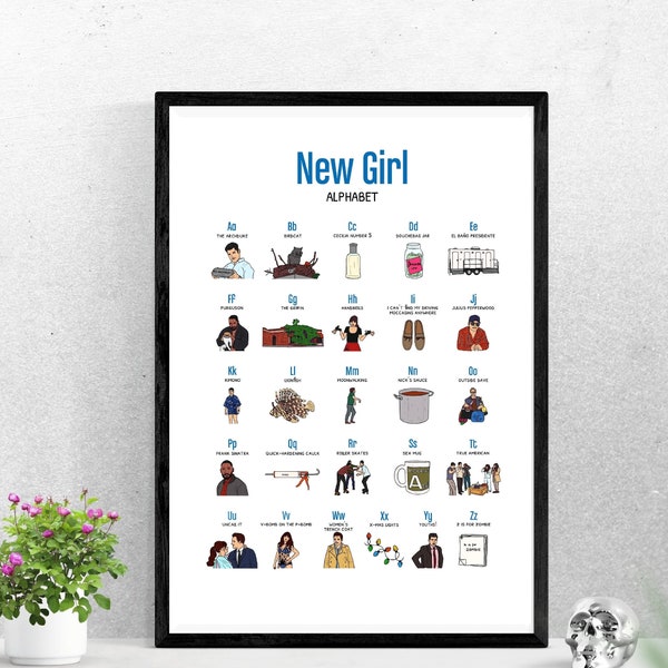 Art mural imprimable | New Girl Alphabet Digital Poster - A3 - 11x17 pouces - fichier numérique - Schmidt Nick Miller douchebag jar