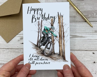 Mountain Biking Birthday Card - Happy Birthday I hear its all down hill  birthday card -Biking pun birthday card - mountain biking gift