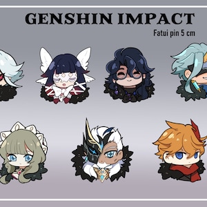 Puede incluir: Conjunto de 7 pines de personajes Fatui de Genshin Impact, cada uno con un personaje diferente del juego. Los pines tienen un diámetro de 5 cm y son de color blanco y negro.
