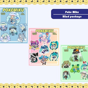Puede incluir: Conjuntos de colgantes acrílicos con personajes de estilo anime con el texto "POKEMIKU". Los conjuntos incluyen diseños de "Versión Azul", "Versión Color" y "Versión Verde". La imagen también incluye un banner de "Poke Miku Blind package".