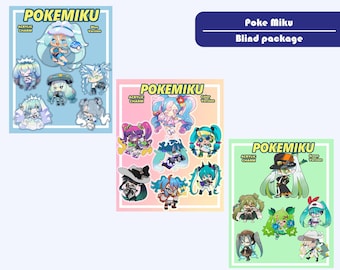 May include: A collection of acrylic charms with anime-style character designs, labelled "POKEMIKU". The image shows "Blue Version", "Color Version", and "Green Version" sets, plus a banner reading "Poke Miku Blind package".