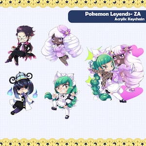 Peut inclure: Porte-clés en acrylique avec des illustrations de personnages de style anime. Les porte-clés présentent divers personnages dans différentes poses et tenues, avec une palette de couleurs vives. Le texte "Pokemon Leyends- ZA Acrylic Keychain" est affiché.