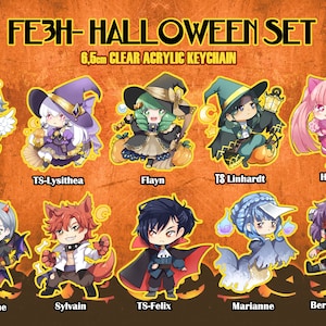 Könnte beinhalten: Ein Set mit zehn 6,5 cm großen, transparenten Acryl-Schlüsselanhängern mit Charakteren aus dem Videospiel Fire Emblem: Three Houses, die in Halloween-Kostümen gekleidet sind. Die Charaktere sind Ashe, Lysithea, Flayn, Linhardt, Hilda, Sylvain, Felix, Marianne und Bernadetta.