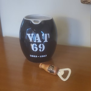 Super Cool & Vintage VAT 69 Blended Scotch Whiskey 100th Anniversary (1863-1963) Ceramic Pitcher/Pub Jug with Wooden Bottle Opener
