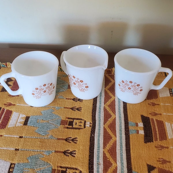 Vintage and Cool Set of Pyrex Corning Ware Summer Impressions Collection with 2 Milk Glass Coffee/Tea/Cocoa Mugs & Creamer, Made in U.S.A.