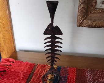 Super Cool & Vintage FISH SKELTON/BONES Distressed Metal Candle/Incense Holder, Made in Indonesia