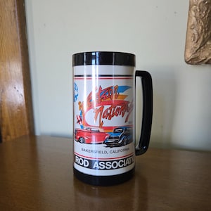 Very Cool & Vintage 1987 Western Nationals Street Rod (NSRA) from Bakersfield, CA Thermo-Serv Insulated Plastic Mug/Cup, Made in U.S.A.