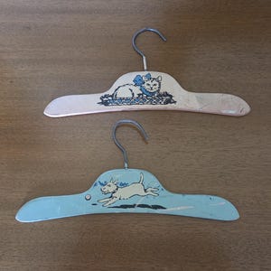 2 Very Cute & Mid Century Cat/Kitty and Dog/Puppy Wooden Children&#39;s Clothes Hangers