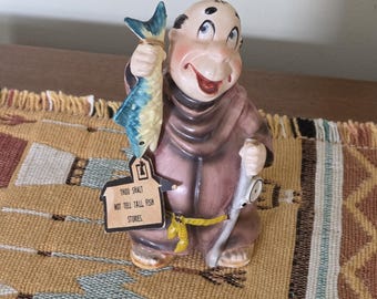 Mid Century HAPPY FRIARS The Brothers Timothy 'Thou Shall Not Tell Tall Fish Stories.' Porcelain/Ceramic Figurine, Made in Japan