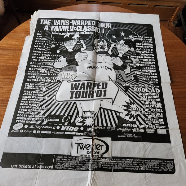 Super Cool, Original & Vintage 2001 VANS WARPED TOUR 'A Family Classic!' Concert Poster from The Tweeter Center in Camden, New Jersey