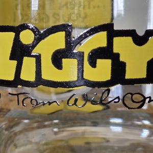 May include: Close-up of a clear glass object with the word "IGGY" in large yellow letters outlined in black. Below the word is the text "BY Tom Wilson" in black script.