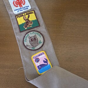 May include: A tan Girl Scout sash with four colorful patches. The patches include text and images of a red figure, a donkey, an owl, and a whale with the word "COOKIES".
