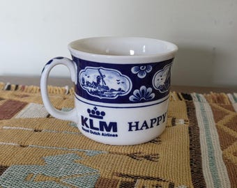 Very Cool & Vintage KLM Royal Dutch Airlines Hand Painted Ceramic Coffee/Tea/Cocoa Mug/Cup, Made by Delft Blue Pottery