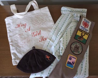 Vintage GIRL SCOUTS 'Hug a Girl Scout' Canvas Tote Bag / Uniform Shirt / Brownie Wool Blend Uniform Beanie/Cap / Sash with Patches