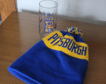 Very Retro & Vintage University of PITTSBURGH PANTHERS Beanie/Winter Hat with Pom and Cocktail Glass / Made by Libbey Glass Co.