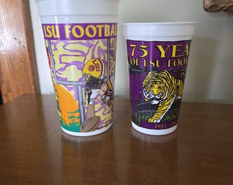 2 Vintage LSU Louisiana State University Tigers Plastic Cups from Tiger Stadium / Made by Berry Plastic and Coca Cola