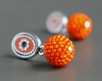 Orange stud earrings, Orange drop earrings, Stud zamak earrings, Long post earrings, Stud big earrings, Drop earrings post, Zamak earrings