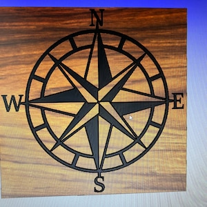 May include: A black metal compass rose with a wooden background. The compass rose has the letters N, S, E, and W on it.