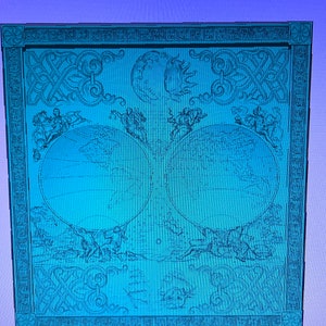 May include: A vintage illustration of a world map with two globes surrounded by decorative borders. The map is in a blue and white color scheme and features intricate details.