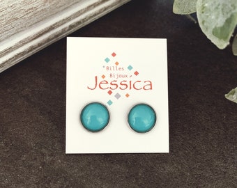 Stud earrings, Cabochon earrings, Cabochon glass, Minimalist earrings, Colorfull earrings, Teal earrings, Turquoise earrings, Blue earrings