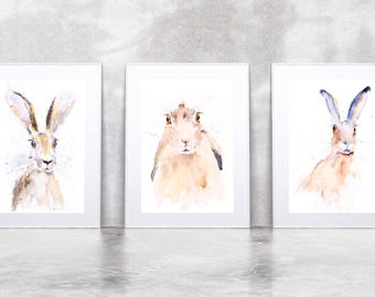Hand Signed limited Edition Prints of my Original Water Colour Paintings of Hares, Animal Art Wall decor, wildlife animal art, Hare painting