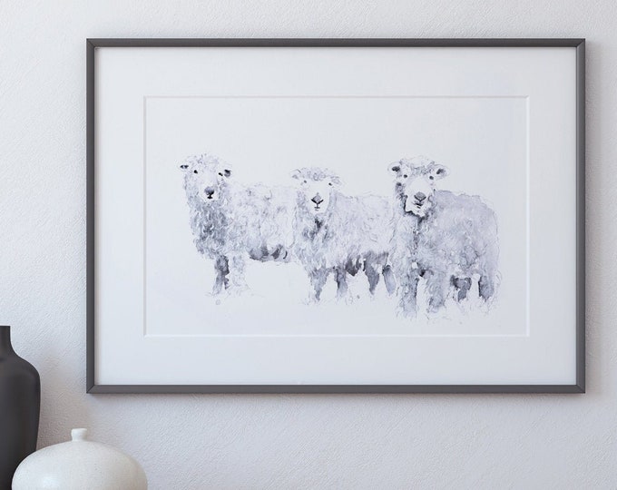 Grey Faced Dartmoor Sheep Watercolour Painting Living Room Art - Signed Limited Edition Print of my Original Watercolor Painting Sheep