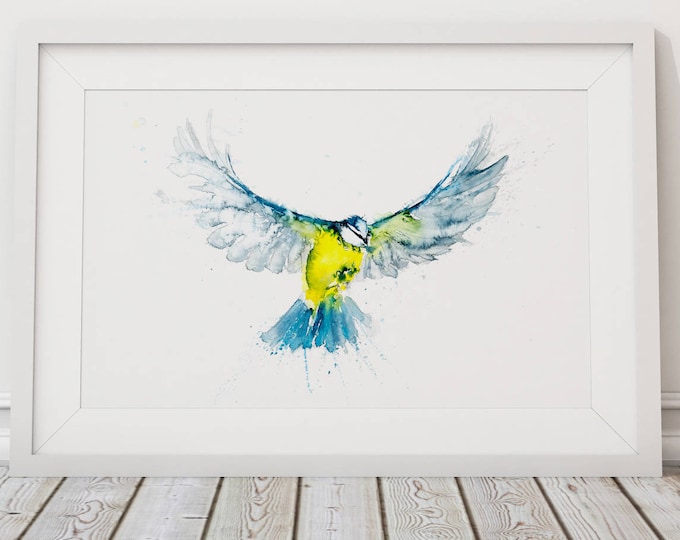 Blue Tit Print Wall Art Watercolour Painting Bird Abstract Modern Water Colour Painting Home Decor Limited Edition Blue Tit Birds Gift