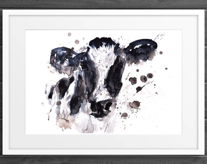 Cow Watercolor Watercolour Painting No.2 - Hand Signed Limited Edition Print of my Original  Black & White Wall Art -Home Decor Farm Animal