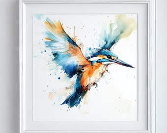Kingfisher Signed Print, Expressive Bird Painting of a Kingfisher in flight UK Wildlife Paintings, British Bird Paintings, Animal Art Prints